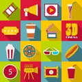 Movie items icons set, flat style