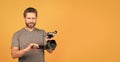 movie maker make vlog. professional filmmaker hold videocamera. cinematography. Royalty Free Stock Photo