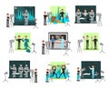 Movie making set, operators and cinematograph people, vector Illustrations isolated