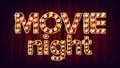 Movie Night Background Vector. Theatre Cinema Golden Illuminated Neon Light. For Theater, Cinematography Advertising