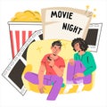 Movie night banner or poster with people watch TV, flat vector illustration isolated