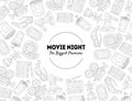 Movie Night, The Biggest Premiere Banner Template with Place for Text and Movie Symbols Hand Drawn Pattern, Cinema