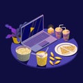 Movie night concept with food and laptop, isometry vector illustration.