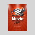 Movie night poster, banner or flyer design with showreel, 3D glasses, and clapboard on red background.