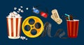 Movie object set in cartoon style. Popcorn, 3D glasses, cinema tickets, drink in the craft cup, reel, tape isolated on blue Royalty Free Stock Photo