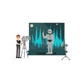 Movie operator shooting scene with astronaut, entertainment industry, movie making vector Illustration Royalty Free Stock Photo