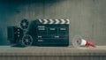 Movie podium background with movie objects, 3d rendering Royalty Free Stock Photo
