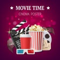 Movie poster. Cinema placard design template with film production vector symbols tape stereo glasses popcorn