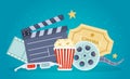 Movie poster with film reel, clapboard, popcorn and tickets. Banner for watch movies with 3d glasses. Cartoon cinema