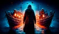 Movie poster with man standing in front of row of boats. Generative AI