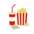 Movie poster template. Popcorn, soda takeaway, cinema tickets. Cinema design elements.