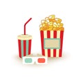 Movie poster template. Popcorn, soda takeaway, 3d cinema stereo glasses. Cinema design elements. Royalty Free Stock Photo