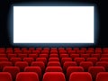 Movie premiere event at cine theatre. Cinema white blank screen at movie hall interior with empty seats vector background Royalty Free Stock Photo