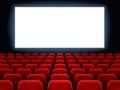 Movie premiere event at cine theatre. Cinema white blank screen at movie hall interior with empty seats vector Royalty Free Stock Photo