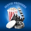 Movie premiere, film reel, popcorn box and film clapperboard - cinema Royalty Free Stock Photo