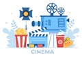 Movie Premiere Show or Cinema with Camera, Popcorn, Clapperboard, Film Tape and Reel in Flat Design Background Illustration Royalty Free Stock Photo