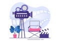 Movie Premiere Show or Cinema with Camera, Popcorn, Clapperboard, Film Tape and Reel in Flat Design Background Illustration Royalty Free Stock Photo