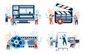 Movie production banners set with people cartoon vector illustration isolated.