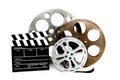 Movie Production Clapper and Film Tins on White Royalty Free Stock Photo