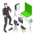 Movie production equipment. Isometric cinematograph elements. Vector camera, light, motion production tv studio, green