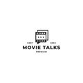 Movie quote talk vector logo design. Film roll strip with speech mark message concept graphic template for digital movie,