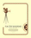 Movie reel and vintage camera on tripod. Movie and film strip of abstract modern background. Vintage cinema festival poster Royalty Free Stock Photo