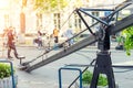 Movie set with professional equipment and media production team on city street. Outdoor film making. Big camera crane with Royalty Free Stock Photo