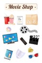 Movie shop wood board with pop corn film cd disc dvd movie box smart television film remote ticket emotion mask 3d glasses