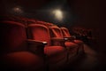 Movie or theater auditorium with red seats and spotlights. 3d render Royalty Free Stock Photo