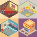 Movie theater building in isometric style design. Vector flat 3d icons. Interior of cinema, cafe, ticket office