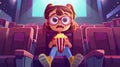 The movie theater cartoon web banner shows a mesmerized young girl with pop corn bucket at the front of the screen