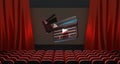 Movie theater, cinema hall with clapperboards on screen, red curtains and rows of seats. Film screening as part of