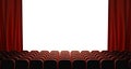 Movie theater, cinema hall with white screen, red curtains and rows of seats rear view, 3D render movie premiere. Luxury Royalty Free Stock Photo