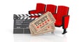 Cinema old type tickets beige, movie clapper and red movie theater seats on a white background, 3d illustration. Royalty Free Stock Photo