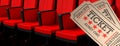 Cinema old type tickets beige and red movie theater seats background banner, 3d illustration. Royalty Free Stock Photo