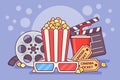Movie Theater Poster With Popcorn, Soda, Tickets, Glasses And Filmstrip. Cinema Banner Design Vector Illustration