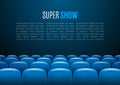 Movie theater with row of blue seats. Premiere event template. Super Show design. Presentation concept with place for text Royalty Free Stock Photo