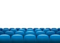 Movie theater with row of blue seats. Premiere event template. Super Show design. Presentation concept with place for text