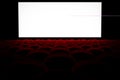 Movie Theater with Rows of Red Cinema Comfortable Chairs and Blank Screen. 3d Rendering