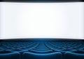 Movie theater screen with blue seats 3d illustration