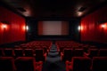 Movie theater seating, red seats in the cinema for the audience watching movies. Generative Ai.