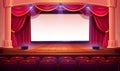 Movie theater with white screen, curtains, seats Royalty Free Stock Photo