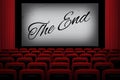 Movie theatre with THE END text on white screen, red curtains and chairs. Vector illustration. Royalty Free Stock Photo