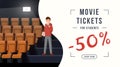 Movie tickets discount web banner. 50 percent discount for students, special price. Cinema invitation for pupils, teens