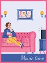 Movie time card with woman watching tv at home, cartoon vector illustration. Royalty Free Stock Photo