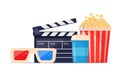 Movie time. Composition with clapperboard, 3d glasses, soda, and filmstrip. Cinema poster, banner design for movie theater. Vector Royalty Free Stock Photo