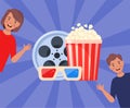 Movie time concept. Composition with popcorn, 3d glasses, filmstrip. Little kids and movie elements. Cinema poster, banner. Royalty Free Stock Photo