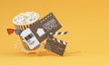 Movie time 3d render illustration. Cinema poster concept on color background. Composition with popcorn Royalty Free Stock Photo