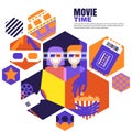 Movie time, date at the cinema concept. Vector design elements for cinema flyer, poster, banner, sale entrance ticket. Royalty Free Stock Photo