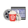 Movie time illustration. Cinema poster concept on red round background. Composition with popcorn, clapperboard, 3d Royalty Free Stock Photo